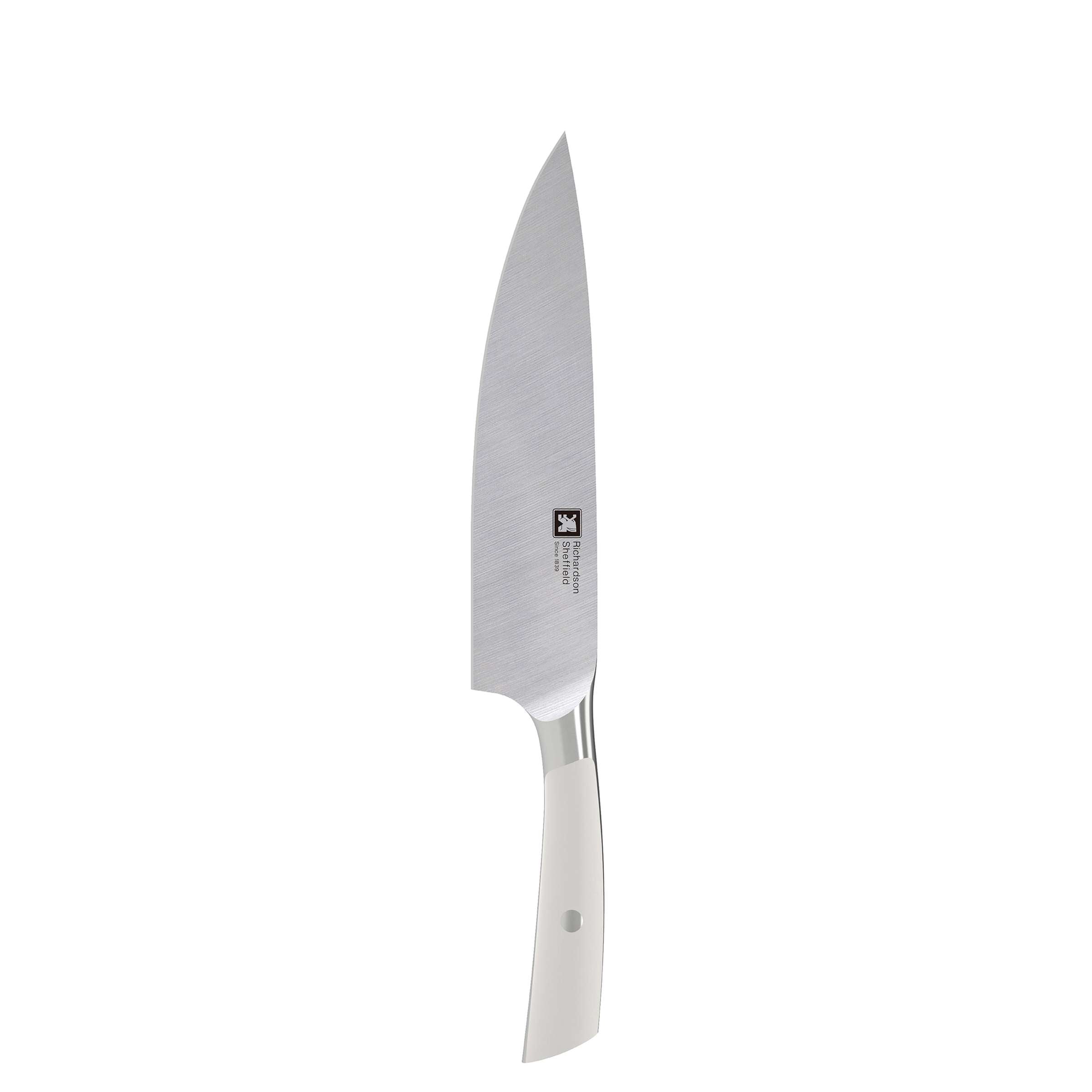 Schönes 3-teiliges SUPREME Küchenmesser Set von Richardson Sheffield mit scharfen Messern auf einem Holzblock.