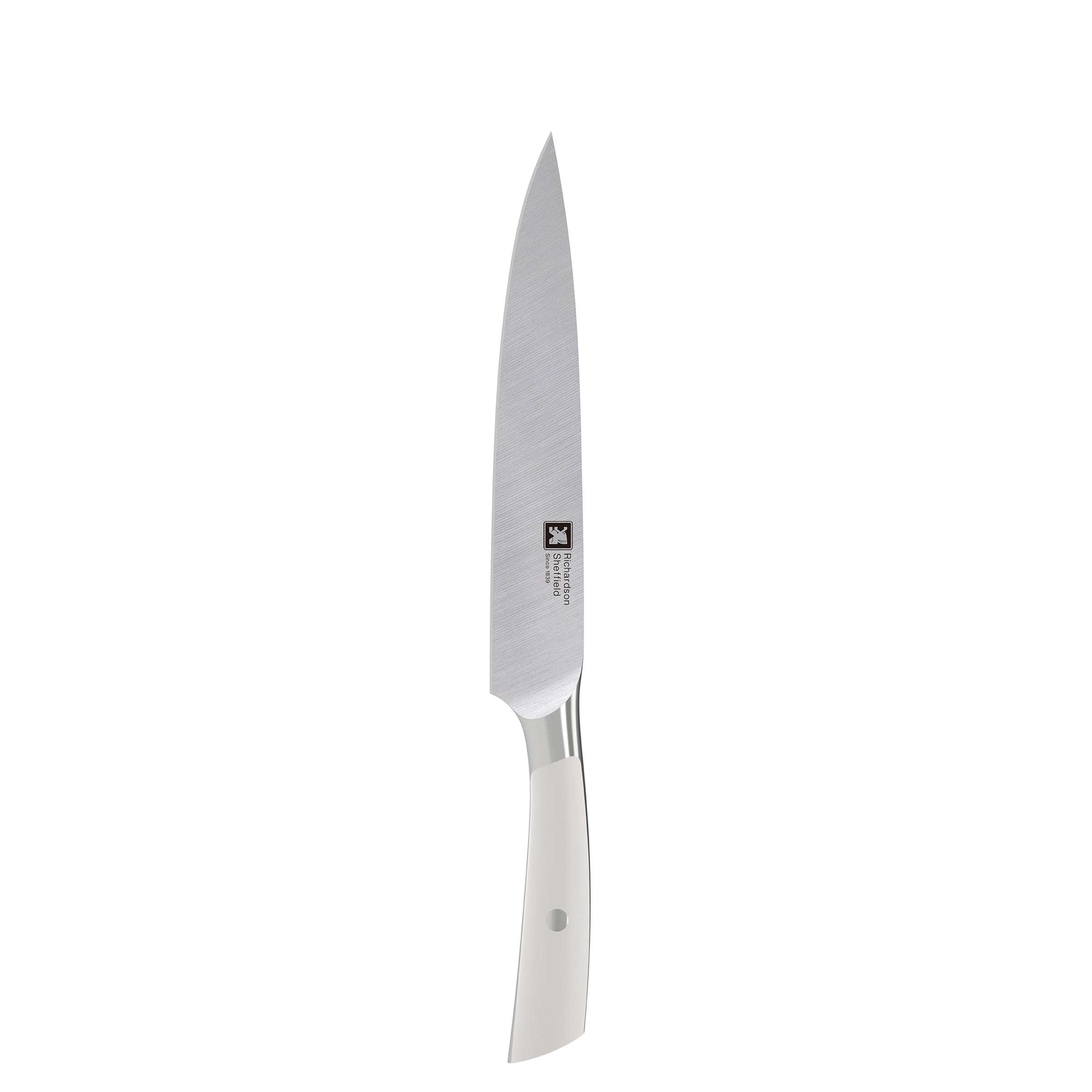 Dreiteiliges Richardson Sheffield SUPREME Küchenmesser-Set mit scharfen Messern aus Edelstahl auf weißem Hintergrund.