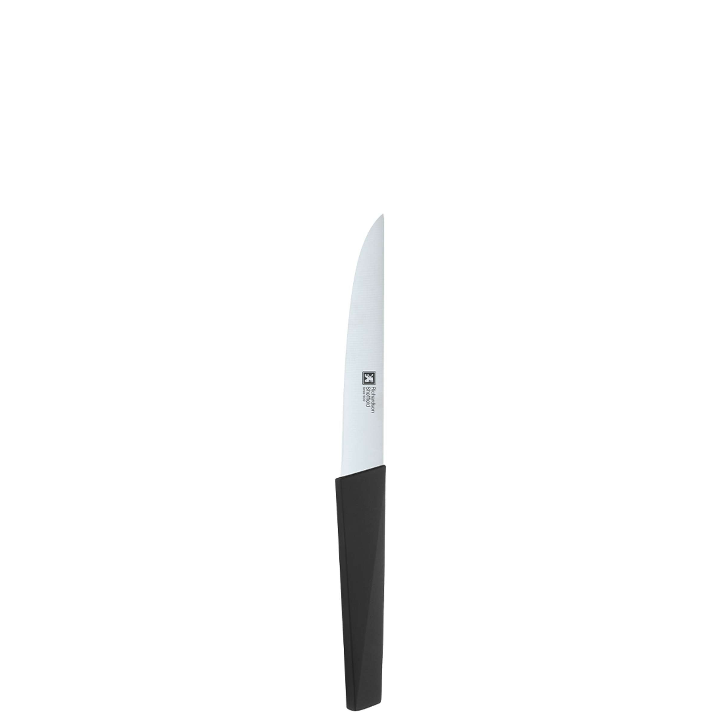 EDGE Messerblock 5-teilig von Richardson Sheffield mit schwarzen Messerhaltern und Edelstahlmessern, auf Küchenarbeitsplatte.