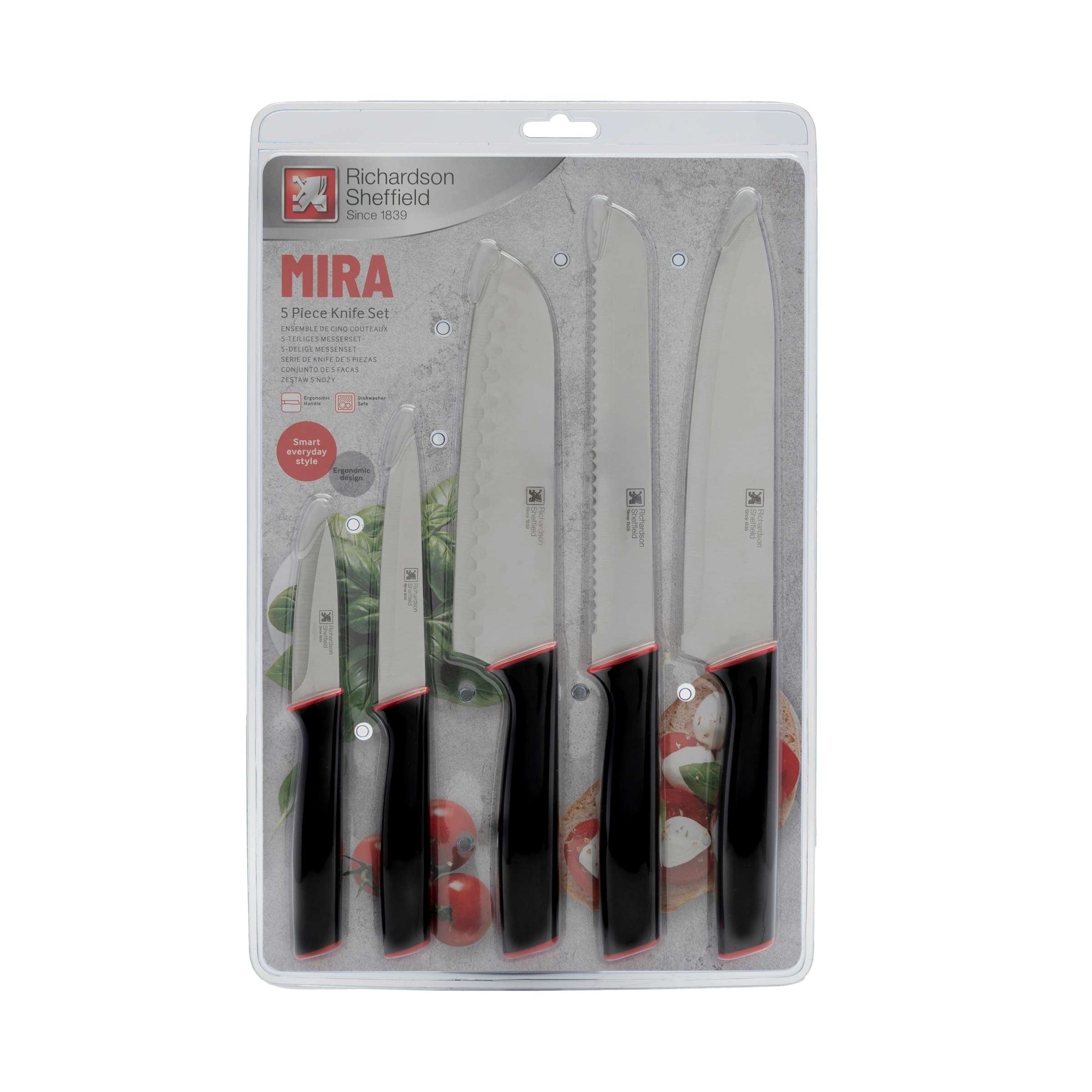 MIRA Küchenmesser Set 5-teilig von Richardson Sheffield mit verschiedenen Messern auf Verpackungsbild sichtbar.