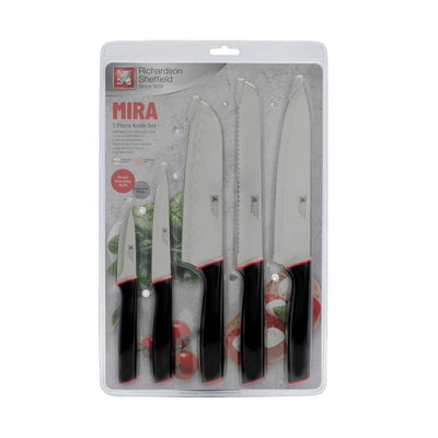 MIRA Küchenmesser Set 5-teilig von Richardson Sheffield mit verschiedenen Messern auf Verpackungsbild sichtbar.