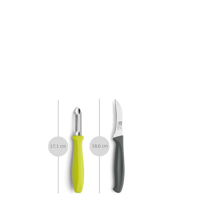Zweiteschneidiges SUP R CUT Schäler Set von Richardson Sheffield, Küchenmesser-Set mit zwei Messern auf weißem Hintergrund