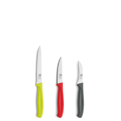 Drei Messer im SUP R CUT Schäler Set von Richardson Sheffield, Küchenmesser mit ergonomischen Griffen, auf weißem Hintergrund.