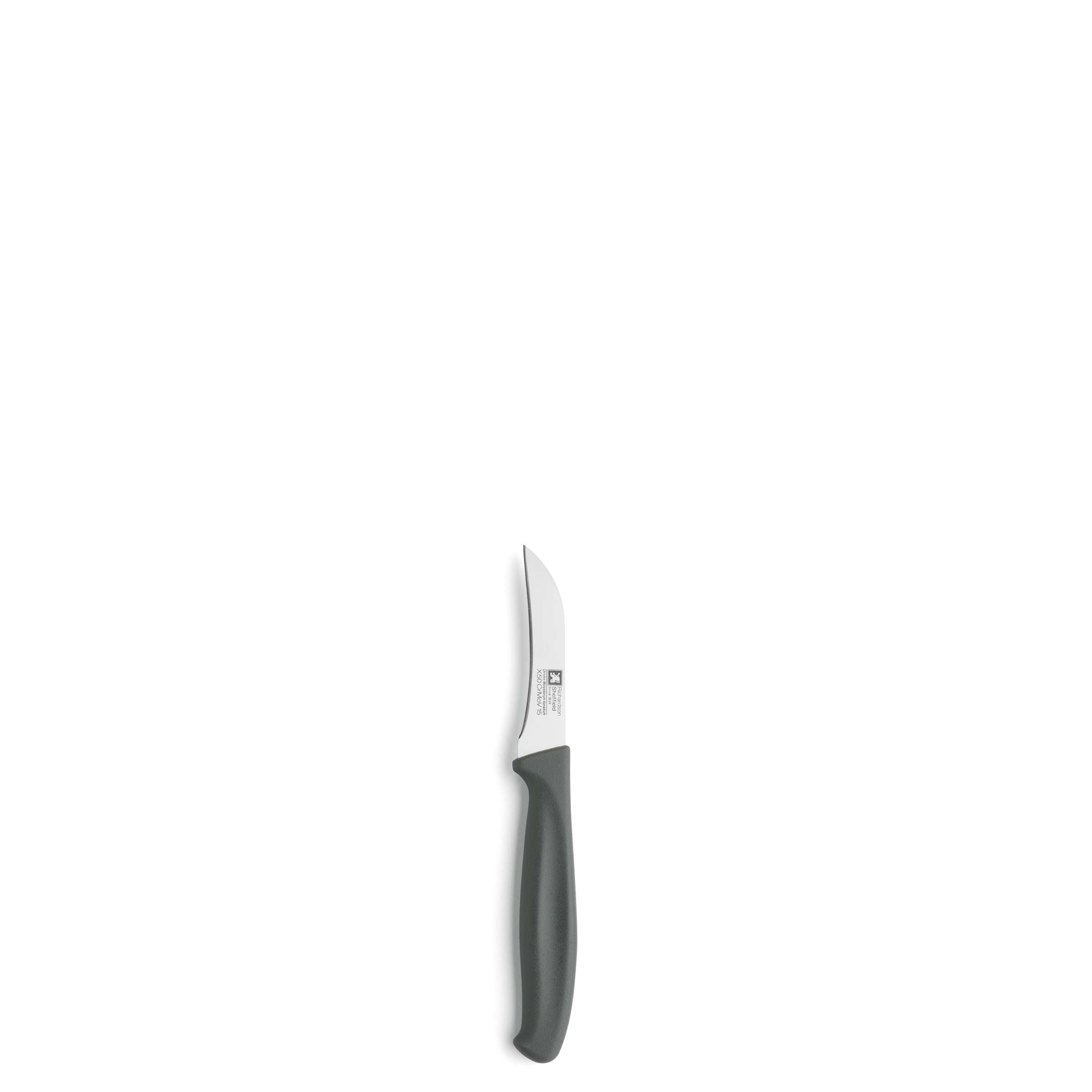 Dreiteiliges Küchenmesser-Set von Richardson Sheffield mit Schäler, Messer und Küchenmesser auf weißem Hintergrund.
