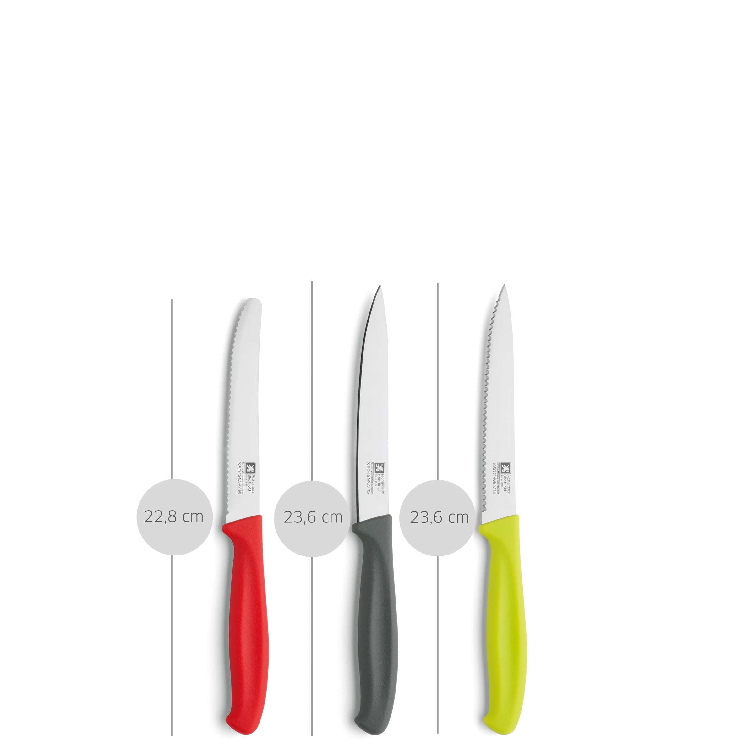 Dreiteiliges Richardson Sheffield SUP R CUT Allzweckmesser Set mit scharfen Küchenmessern auf weißem Hintergrund.