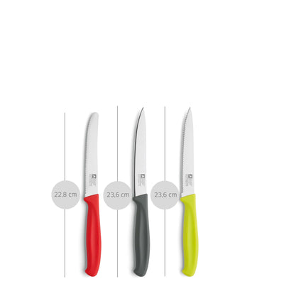 Dreiteiliges Richardson Sheffield SUP R CUT Allzweckmesser Set mit scharfen Küchenmessern auf weißem Hintergrund.