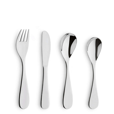 Kinderbesteck Set von Paul Wirths, 4-teilig, kindgerechtes Besteck mit bunten Griffen und kindlichem Design, ideal für kleine Kinder.