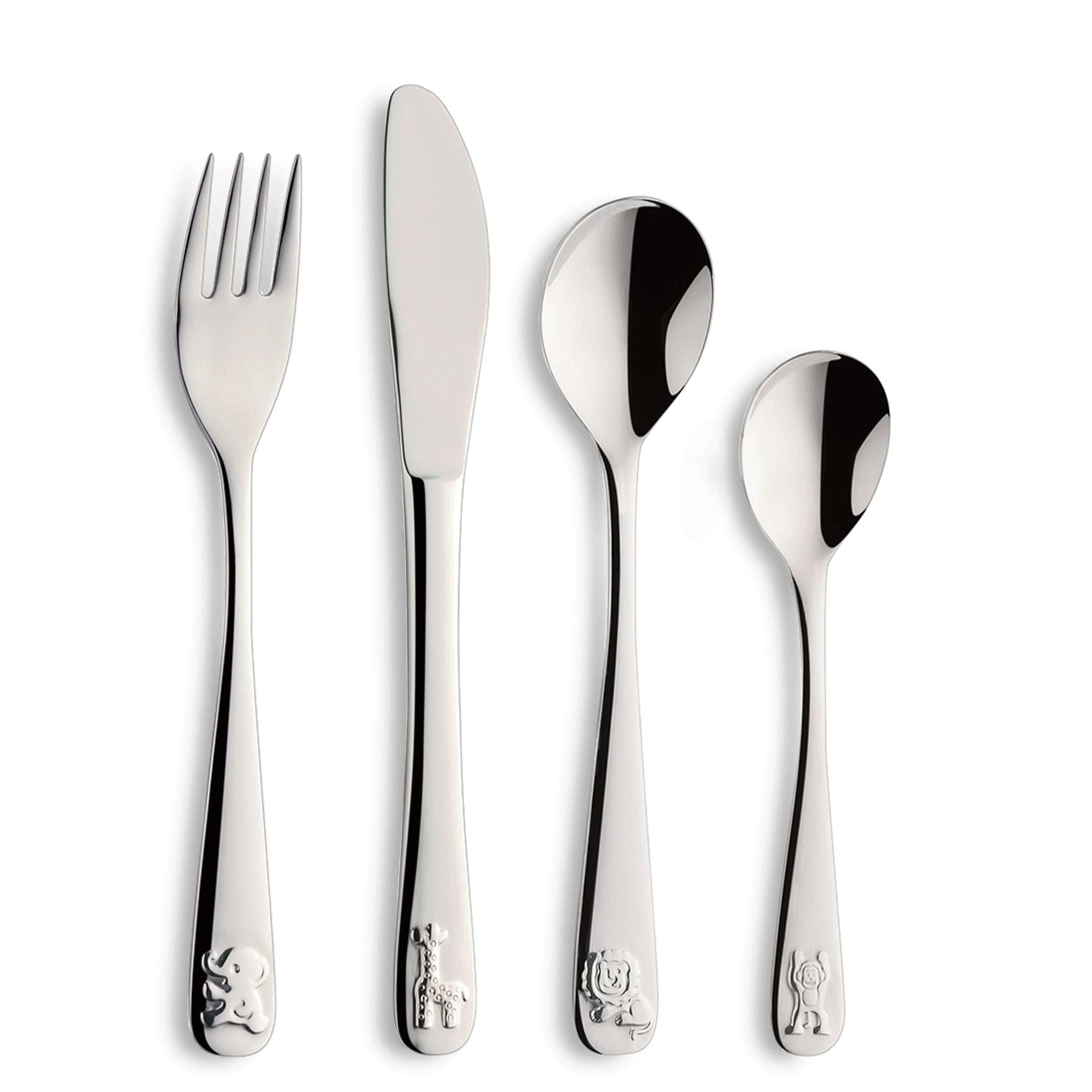Kinderbesteck Set aus 4 Teilen von Paul Wirths, inkl. Messer, Gabel, Löffel und Teelöffel, kindgerecht und farbenfroh.