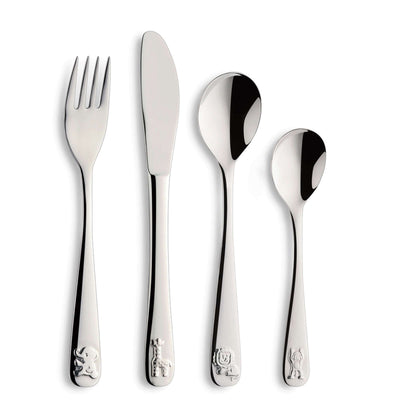 Kinderbesteck Set aus 4 Teilen von Paul Wirths, inkl. Messer, Gabel, Löffel und Teelöffel, kindgerecht und farbenfroh.