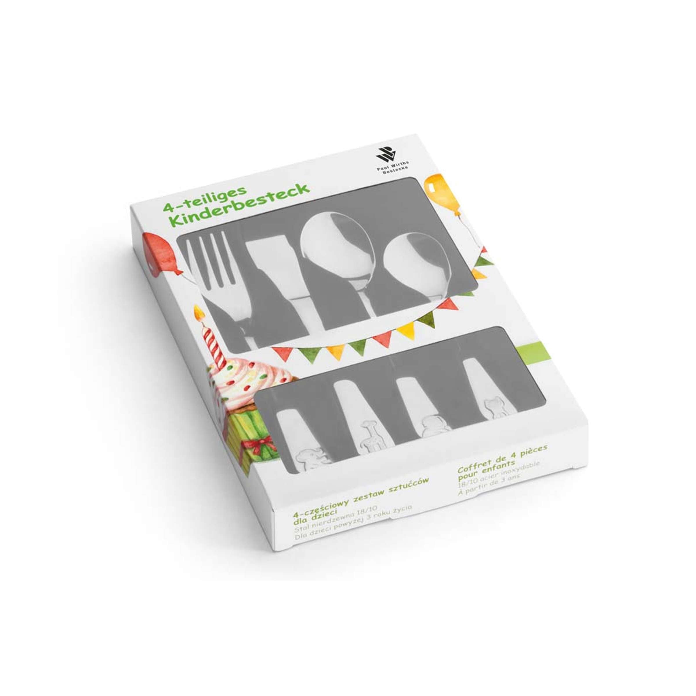 Paul Wirths ZOO Kinderbesteck-Set mit 4 Teilen, kindgerechtes Besteck für Kinder, lustiges ZOO-Design, Besteck für Kinderessen