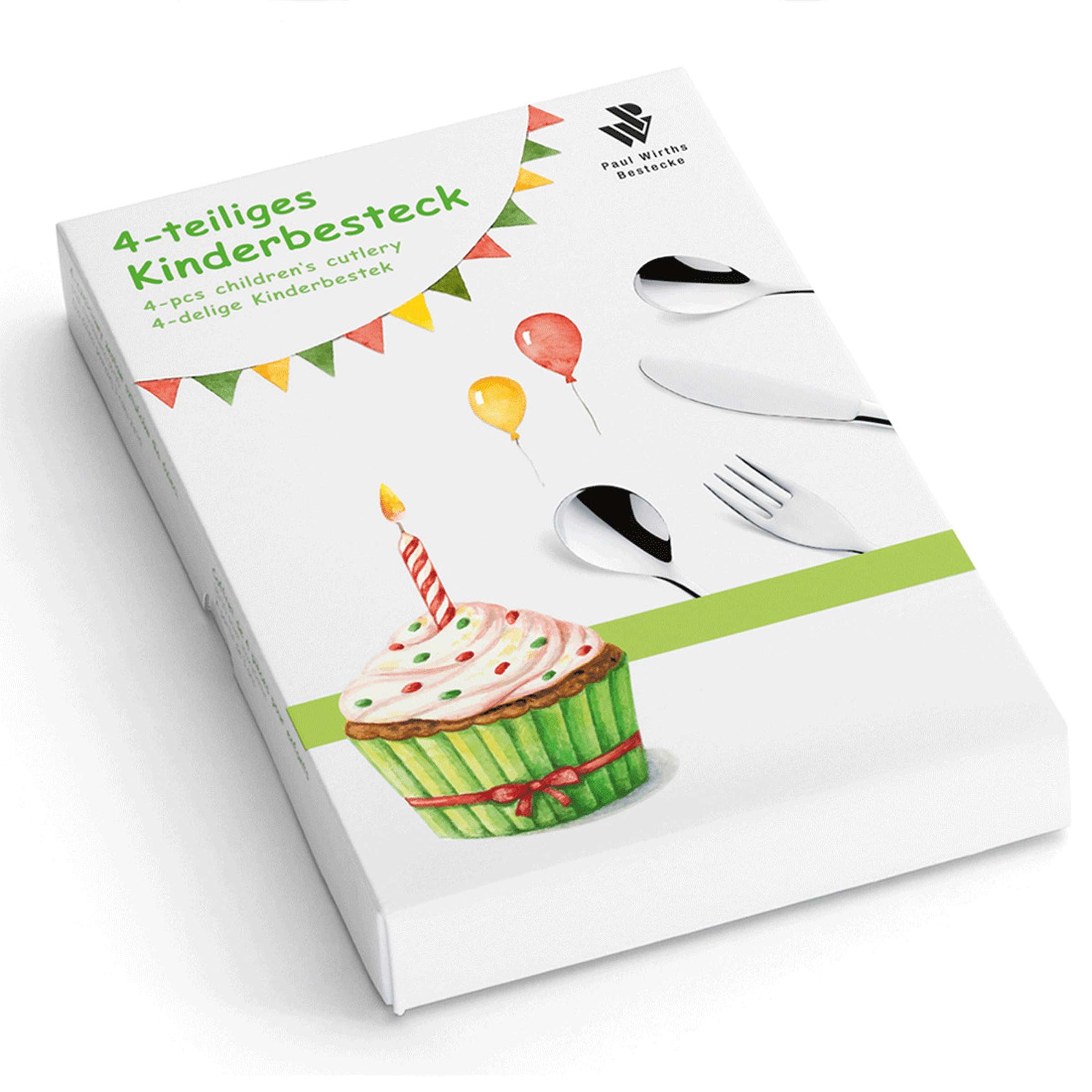Kinderbesteck Set von Paul Wirths, 4-teilig, mit kindgerechtem Design und bunten Griffen, geeignet für Kinder.