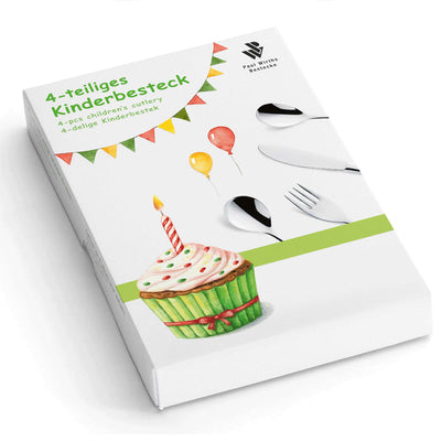 Kinderbesteck Set von Paul Wirths, 4-teilig, mit kindgerechtem Design und bunten Griffen, geeignet für Kinder.