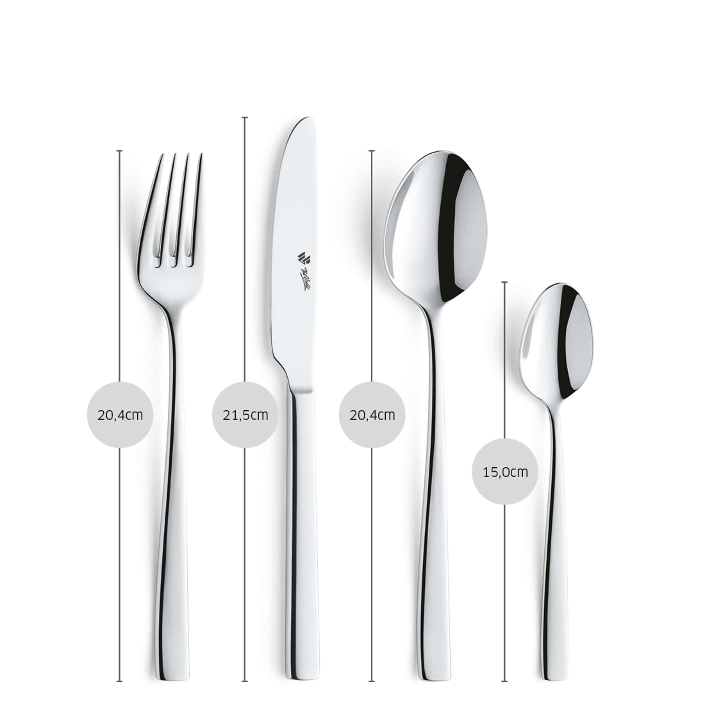 Vollständiges PURE Besteckset 24-teilig von Paul Wirths mit Messer, Gabel, Löffel in elegantem Design, auf weißem Hintergrund.