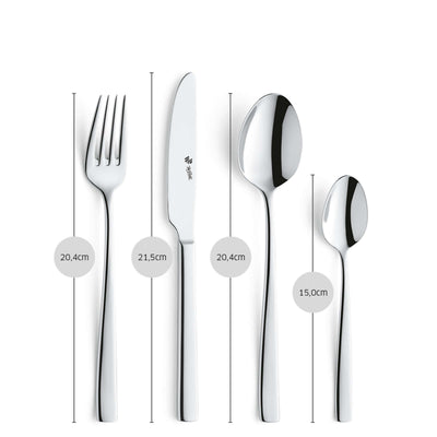 Vollständiges PURE Besteckset 24-teilig von Paul Wirths mit Messer, Gabel, Löffel in elegantem Design, auf weißem Hintergrund.