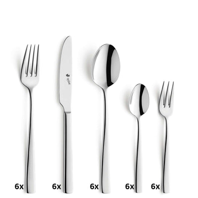 Elegantes PURE Besteckset 30-teilig von Paul Wirths mit Messer, Gabel, Löffel und Teelöffel auf weißem Hintergrund.