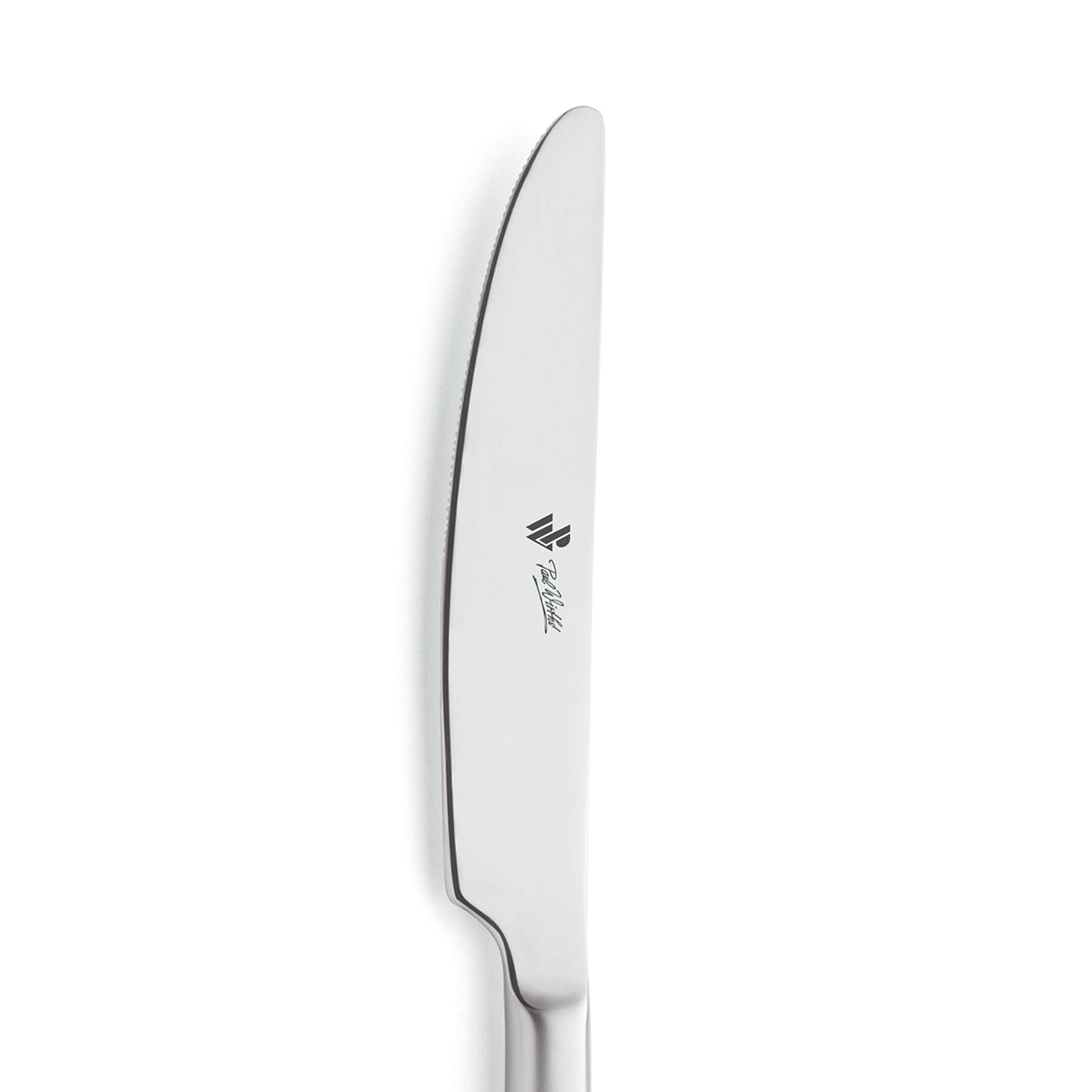 VIVENDI Menümesser von Paul Wirths, mattiertes Vollheft, elegantes Messer für den gedeckten Tisch, Nahaufnahme der Messerzunge