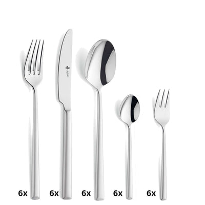 VIVENDI Besteckset 30-teilig, mattiertes Besteck von Paul Wirths, zeigt Messer, Gabeln, Löffel aus Edelstahl auf weißem Hintergrund.