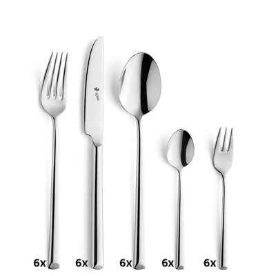 VIVENDI Besteckset 30-teilig von Paul Wirths, Edelstahl, Messer, Gabeln, Löffel und Teelöffel auf einem Tisch.