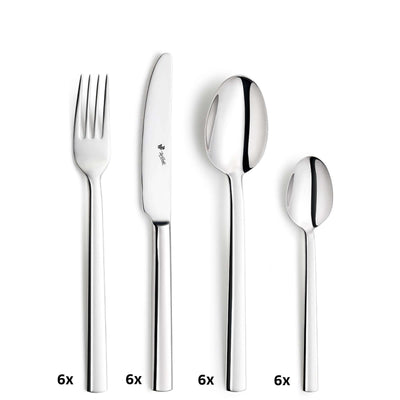 Paul Wirths AURA Besteckset, 24-teilig, Edelstahl, Messer, Gabeln, Löffel, modernes Design, elegante Besteckstücke auf weißem Hintergrund