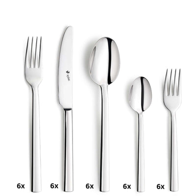 Paul Wirths AURA Besteckset, 30-teilig, elegantes Messer-, Gabel- und Löffelset aus Edelstahl, sauber und ordentlich auf einem weißen Hintergrund.