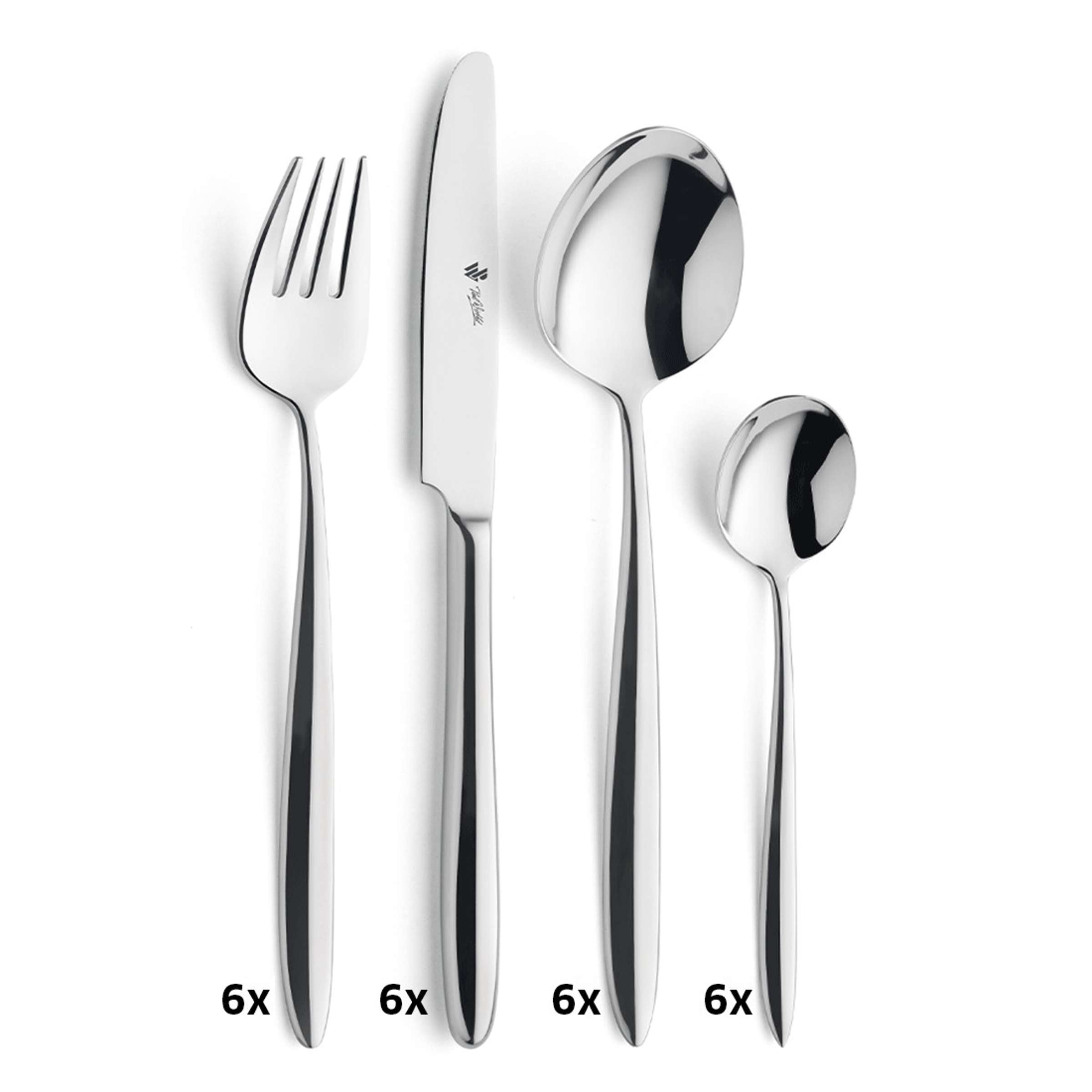 ROMA Besteckset 24-teilig von Paul Wirths, Edelstahl mit Messer, Gabel, Löffel und Küchenhelfern auf weißem Hintergrund.