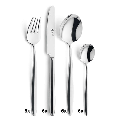 ROMA Besteckset 24-teilig von Paul Wirths, Edelstahl mit Messer, Gabel, Löffel und Küchenhelfern auf weißem Hintergrund.