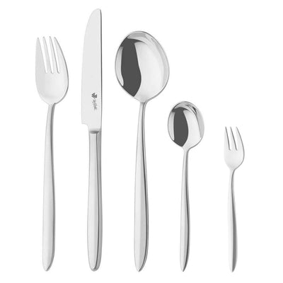 Mattiertes 30-teiliges ROMA Besteckset von Paul Wirths mit Messer, Gabel, Löffel und Teelöffel aus Edelstahl.