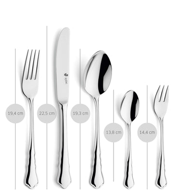 Paul Wirths Chippendale Besteckset, 30-teilig, Messer, Gabeln, Löffel aus Edelstahl, elegante Besteckstücke auf weißem Hintergrund