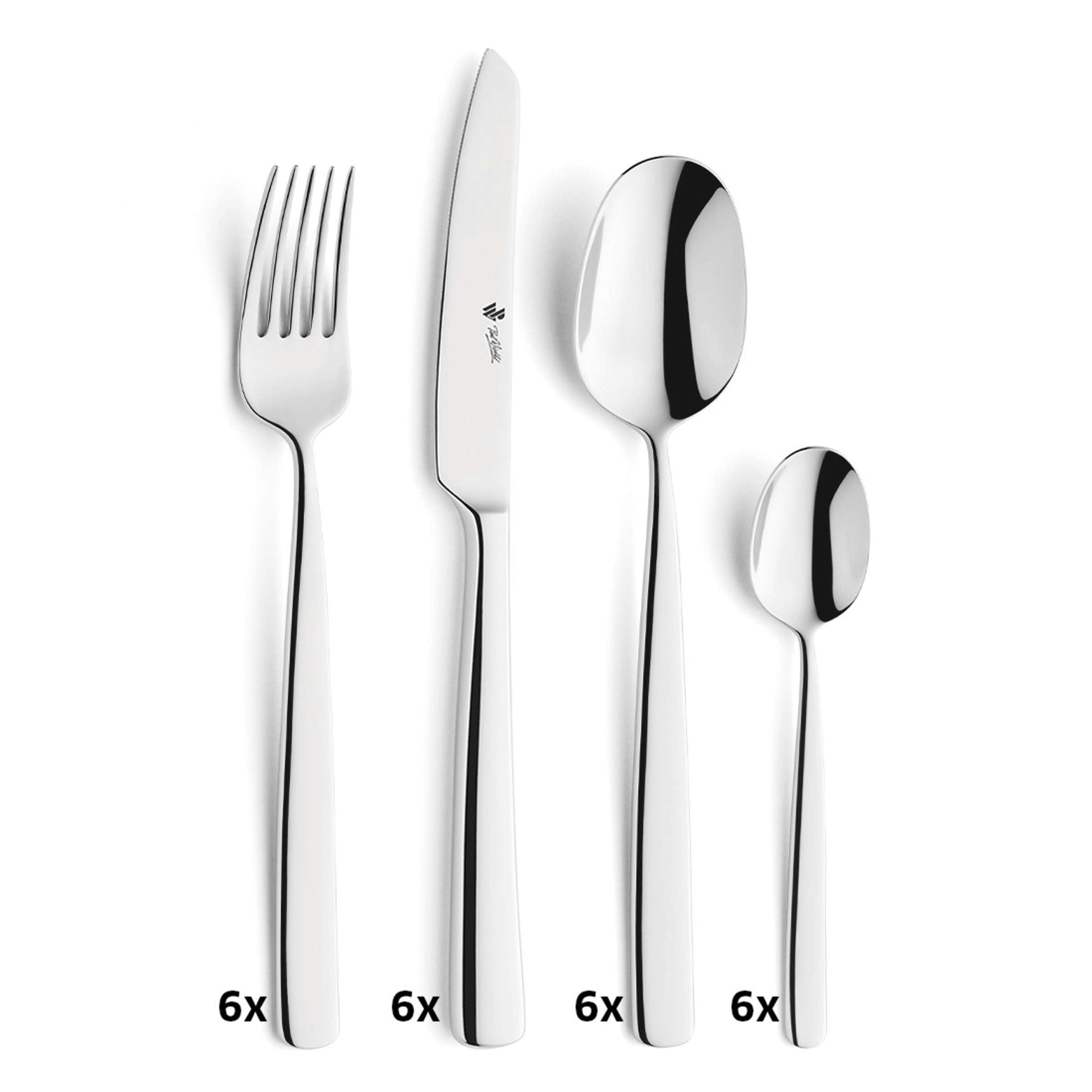Elegantes Paul Wirths COMO Besteckset 24-teilig mit Messer, Gabel, Löffel aus Edelstahl auf weißem Hintergrund