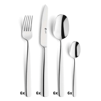 Elegantes Paul Wirths COMO Besteckset 24-teilig mit Messer, Gabel, Löffel aus Edelstahl auf weißem Hintergrund