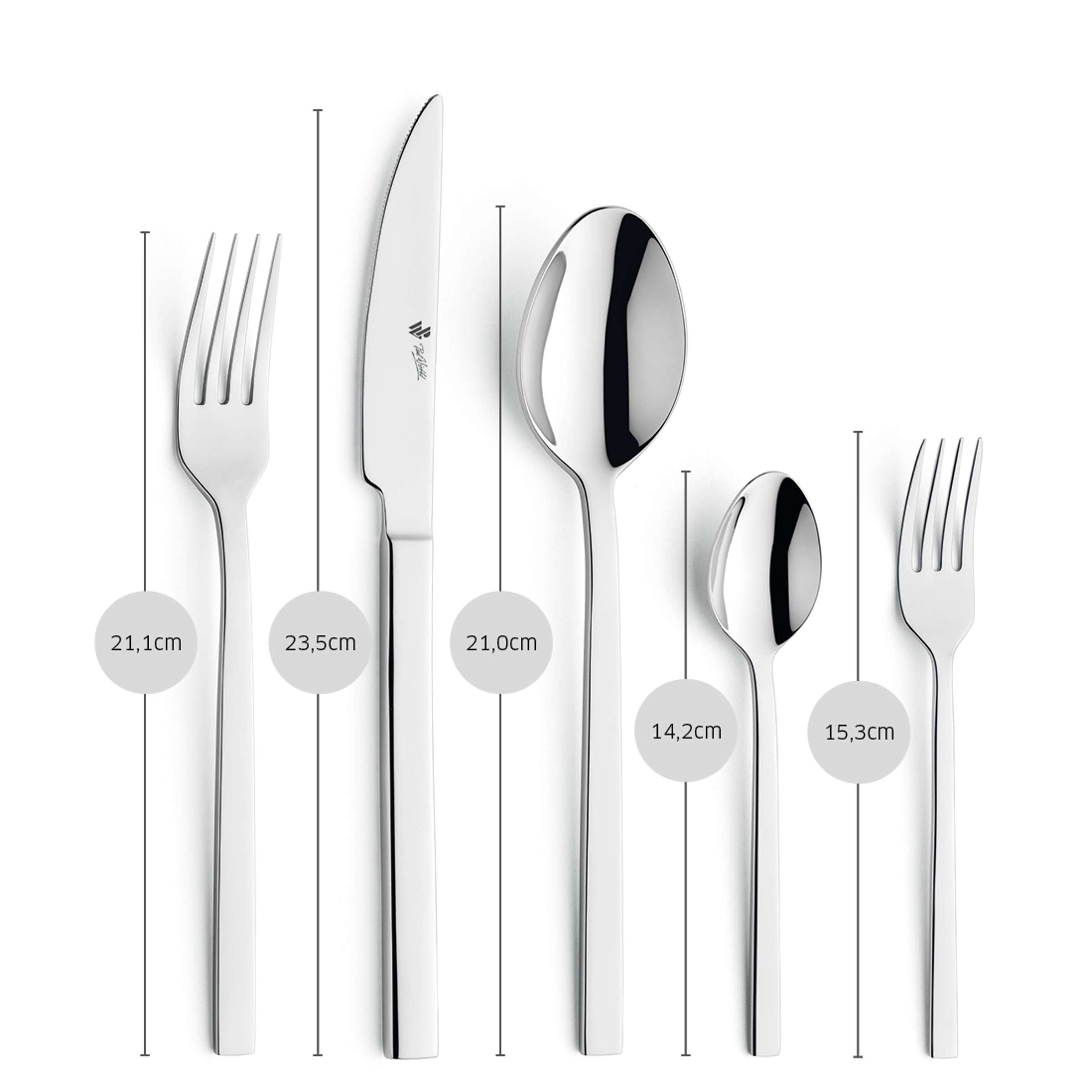 Paul Wirths EDGE Besteckset 60-teilig mit Messer, Gabel, Löffel, in elegantem Design, auf weißem Hintergrund.