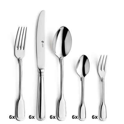 Augsburger Faden Besteckset 30-teilig von Paul Wirths mit Messer, Gabel, Löffel und Dessertbesteck, aus Edelstahl gefertigt