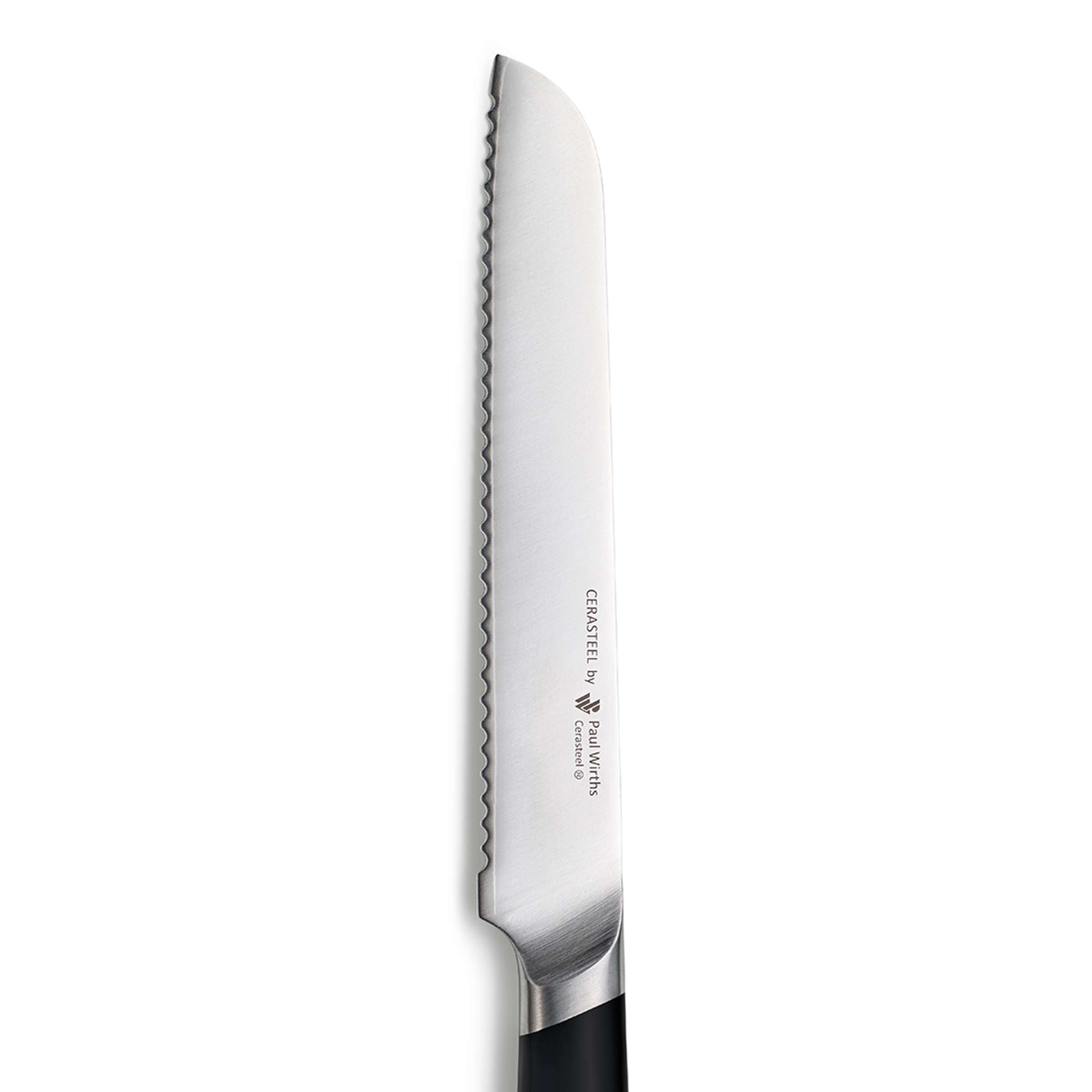 Paul Wirths CERASTEEL Brotmesser Küchenmesser mit glatter Klinge und schwarzem Griff, perfekt zum Schneiden von Brot und Bäckereiware.