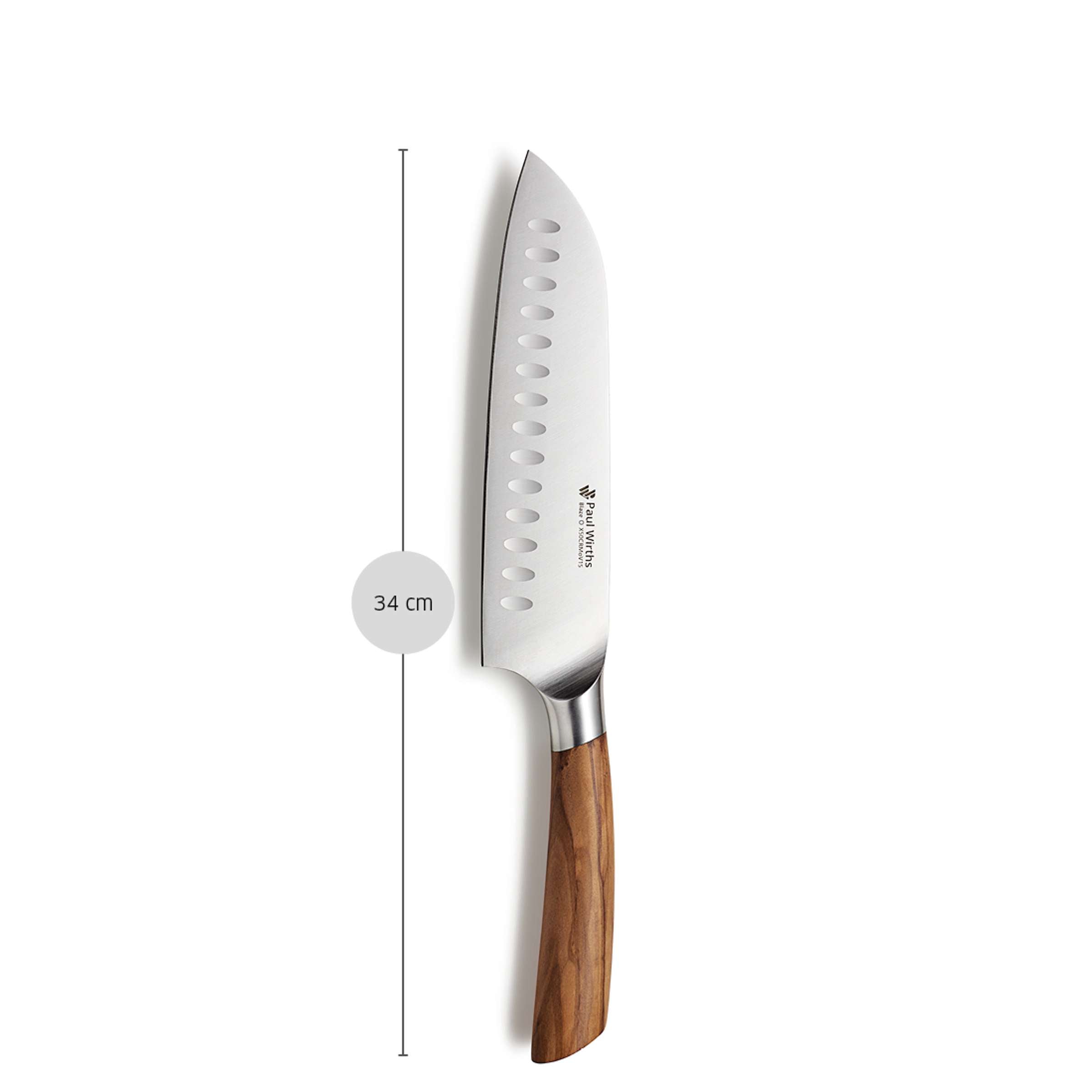 BLAZE Santokumesser von Paul Wirths, scharfes Küchenmesser mit Edelstahlklinge und ergonomischem Griff, auf weißem Hintergrund.