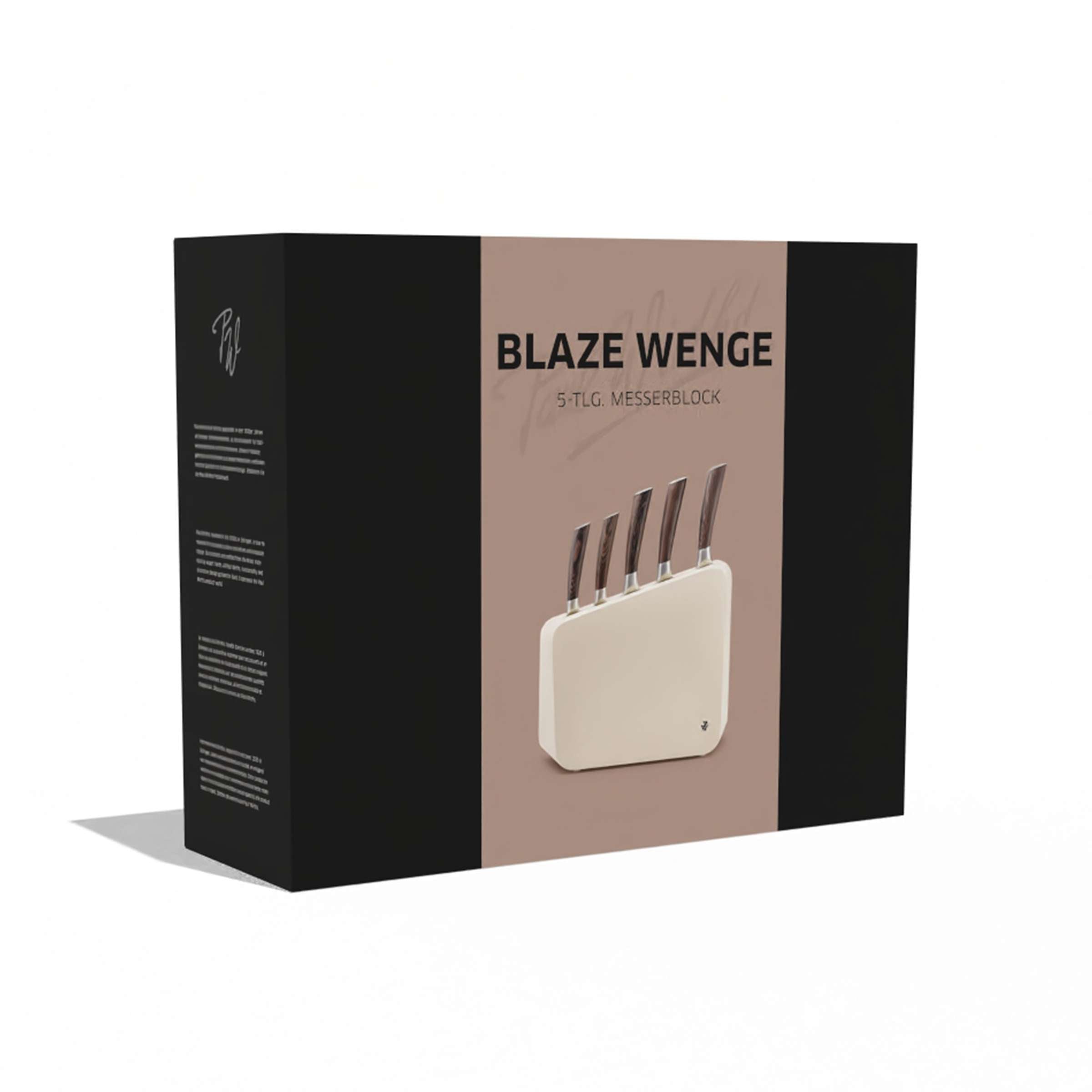 Paul Wirths BLAZE Messerblock 5-teilig aus Wenge mit Messern, in Verpackung sichtbar, stilvoller Küchenmesser Organizer