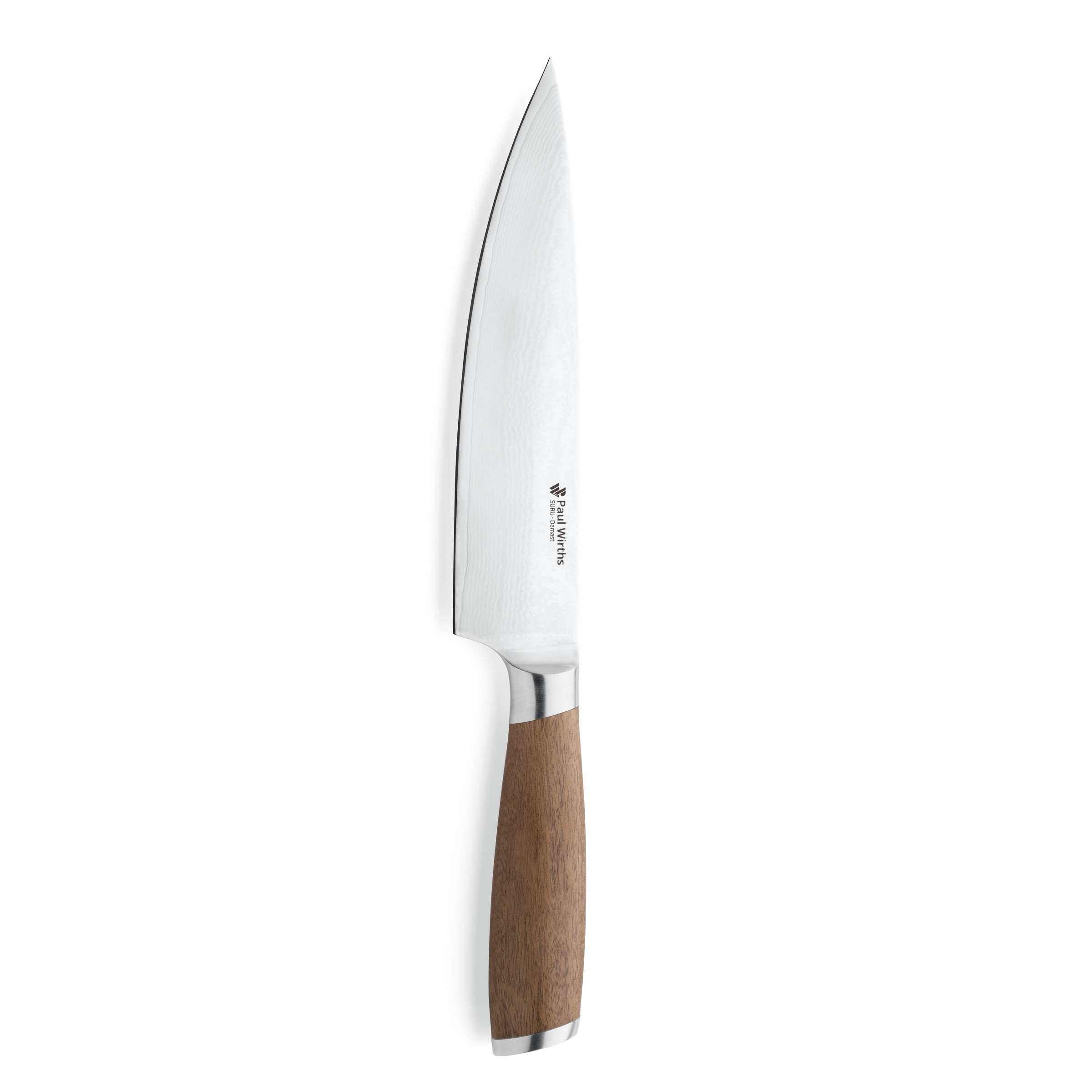 SURU Kochmesser von Paul Wirths, scharfes Küchenmesser mit Edelstahlklinge und ergonomischem Griff, auf Holzblock präsentiert