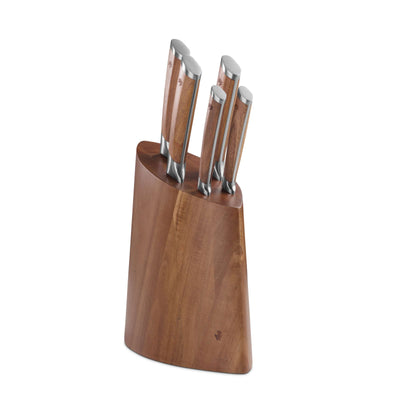Acacia Messerblock 5-teilig von Paul Wirths mit scharfen Küchenmessern und stabilem Holzdesign, auf Küchenarbeitsplatte.