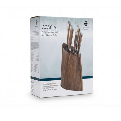 Paul Wirths Acacia Messerblock, 5-teilig, aus Akazienholz mit Messern, auf Verpackung liegend, detailreiche Ansicht
