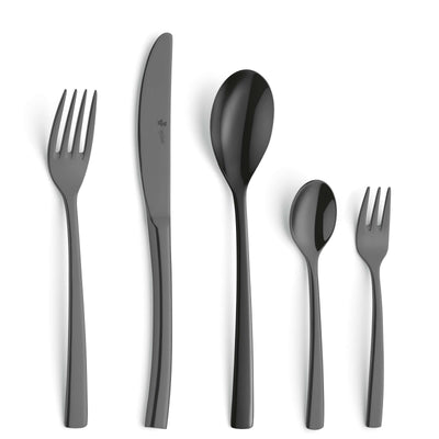 Schwarzes SWING Besteckset 30-teilig von Paul Wirths, Edelstahl mit PVD-Beschichtung, zeigt Messer, Gabeln und Löffel auf weißem Hintergrund.