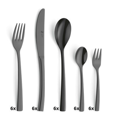 Schwarz PVD Besteckset 30-teilig von Paul Wirths, elegantes Cutlery Set mit Messer, Gabel, Löffel und Küchenhelfern.