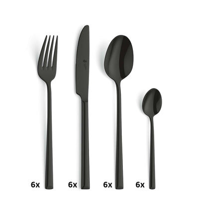 VIVENDI Besteckset 24-teilig von Paul Wirths, schwarzes PVD-Beschichtung, Messer, Gabeln, Löffel aus Edelstahl auf weißem Hintergrund