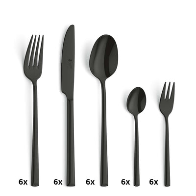 Schwarzes VIVENDI Besteckset 30-teilig von Paul Wirths, Edelstahl mit PVD-Beschichtung, zeigt Messer, Gabeln und Löffel auf einem Tisch.
