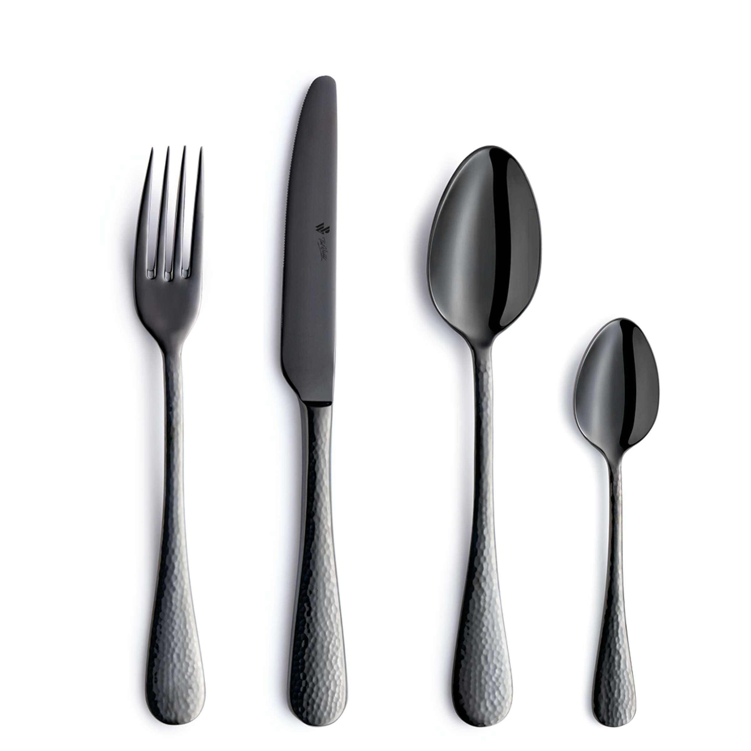 Schwarzes 24-teiliges Besteckset von Paul Wirths, MonDo Cutlery Set, PVD-beschichtet, besteht aus Gabeln, Messern und Löffeln.
