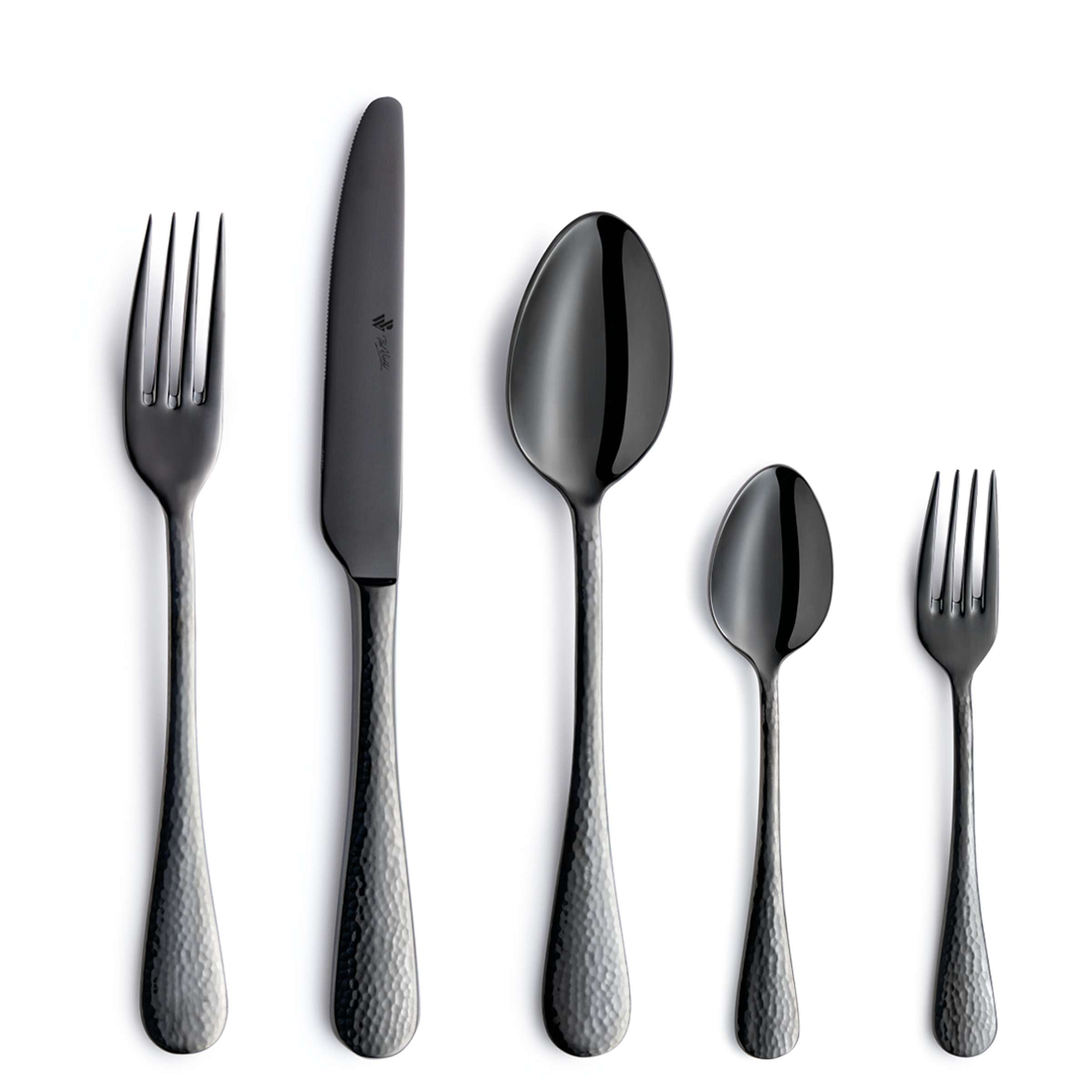 Schwarz lackiertes 30-teiliges Besteckset von Paul Wirths, Besteck mit Messer, Gabel und Löffel, elegant und modern gestaltet.