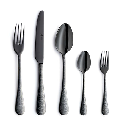 Schwarz lackiertes 30-teiliges Besteckset von Paul Wirths, Besteck mit Messer, Gabel und Löffel, elegant und modern gestaltet.