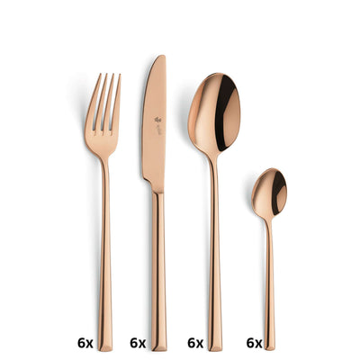 VIVENDI Besteckset 24-teilig aus PVD kupfer von Paul Wirths, stilvolles Cutlery Set mit Messer, Gabel, Löffel auf weißem Hintergrund