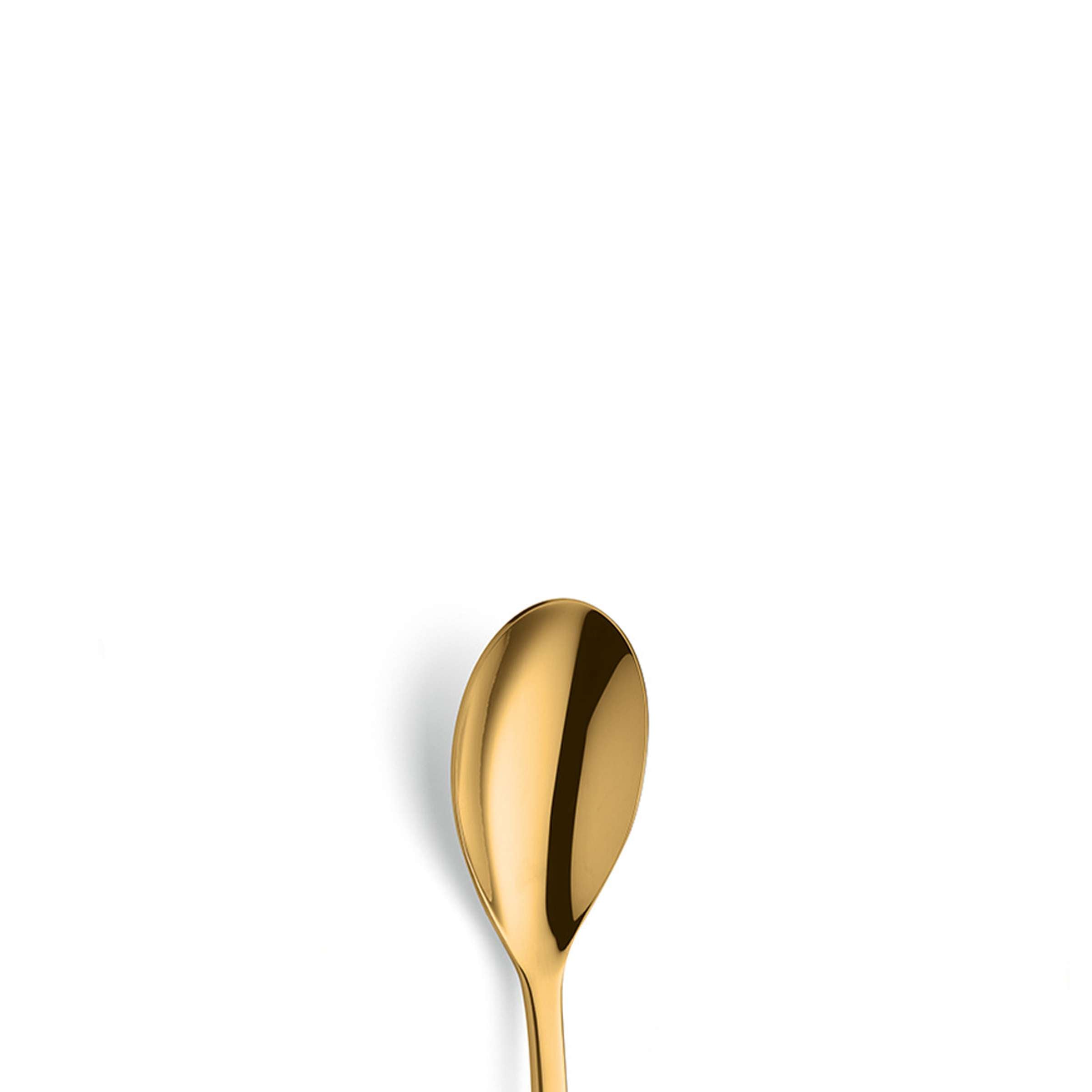 SWING Menülöffel von Paul Wirths aus PVD goldfarbenem Besteck, elegantes Design, klarer Blick auf den Löffel mit Griff und Schüssel