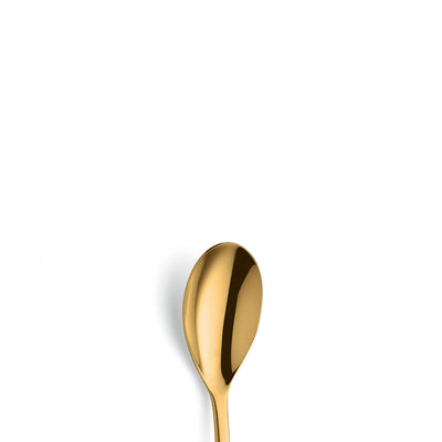 SWING Menülöffel von Paul Wirths aus PVD goldfarbenem Besteck, elegantes Design, klarer Blick auf den Löffel mit Griff und Schüssel