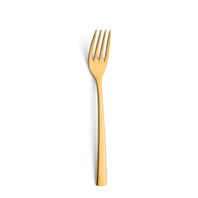 SWING Besteckset 4-teilig von Paul Wirths aus PVD Gold, Messer, Gabel, Löffel auf weißem Hintergrund.