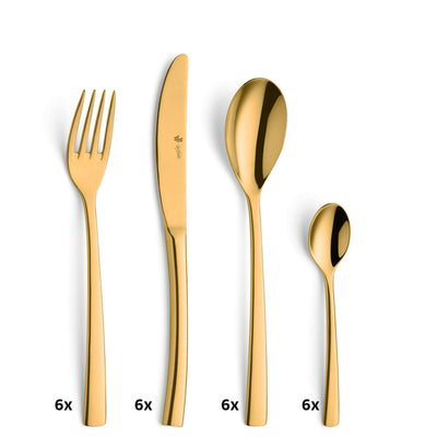 Goldfarbenes Besteckset von Paul Wirths, 24-teilig, PVD-beschichtet, mit Gabeln, Messern, Löffeln auf hellem Hintergrund